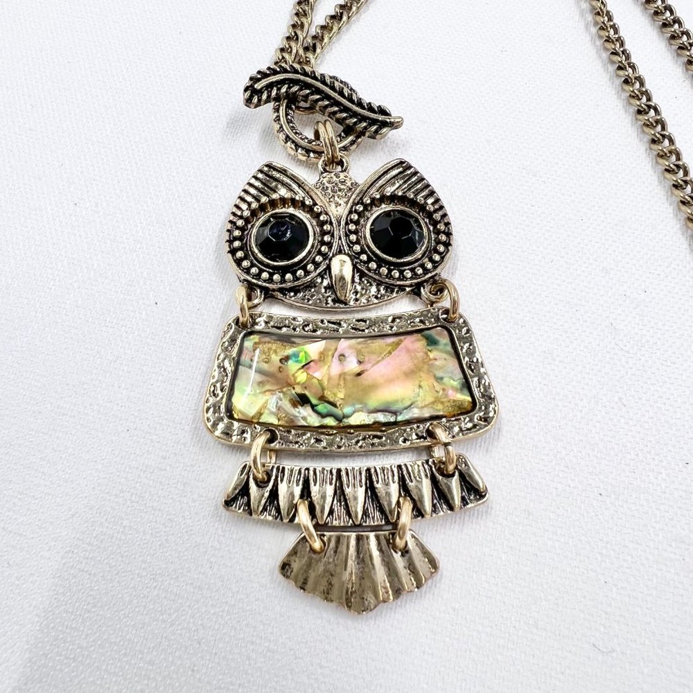 Abalone Inlayed Jointed Owl Pendant Antiqued Gold Tone 30” Chain Necklace - Picture 5 of 7